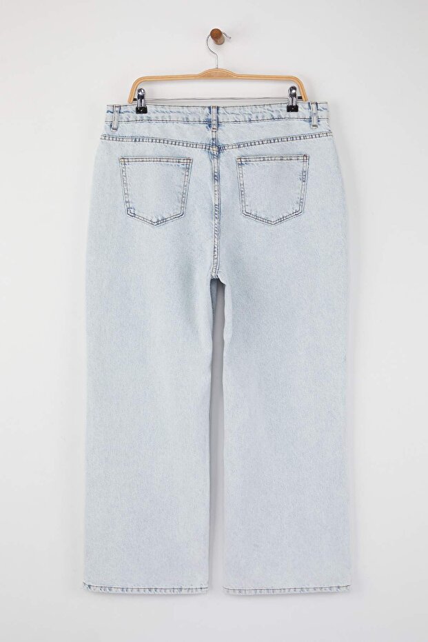 Buz Mavisi Yüksek Bel Geniş Paça Denim Büyük Beden Jeans TBBSS24CJ00028 - 7