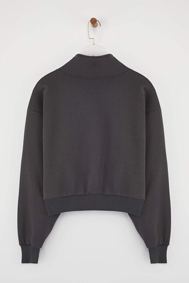 Antrasit Rahat Kesim Crop Fermuarlı Dik Yaka Kalın İçi Polarlı Örme Sweatshirt TWOAW24SW00221 - 7