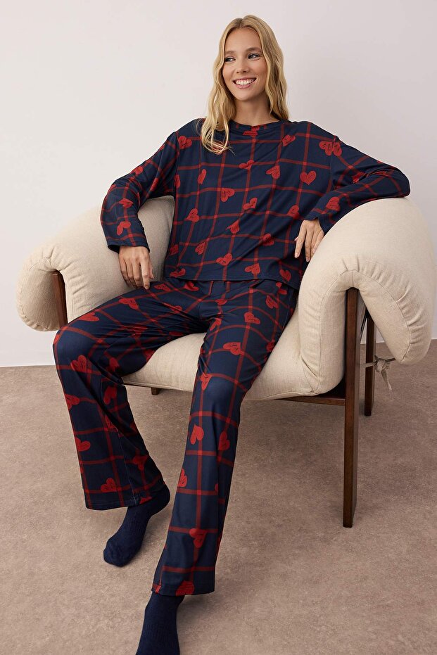Lacivert Kalpli Yumuşak Tuşe Örme Pijama Takımı THMAW26PT00045 - 2