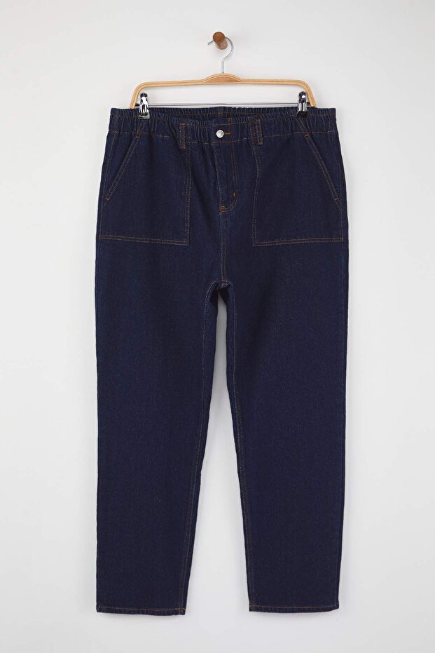 Koyu Mavi Yüksel Bel Beli Lastikli Büyük Beden Mom Fit Jeans TBBAW26CJ00020 - 5