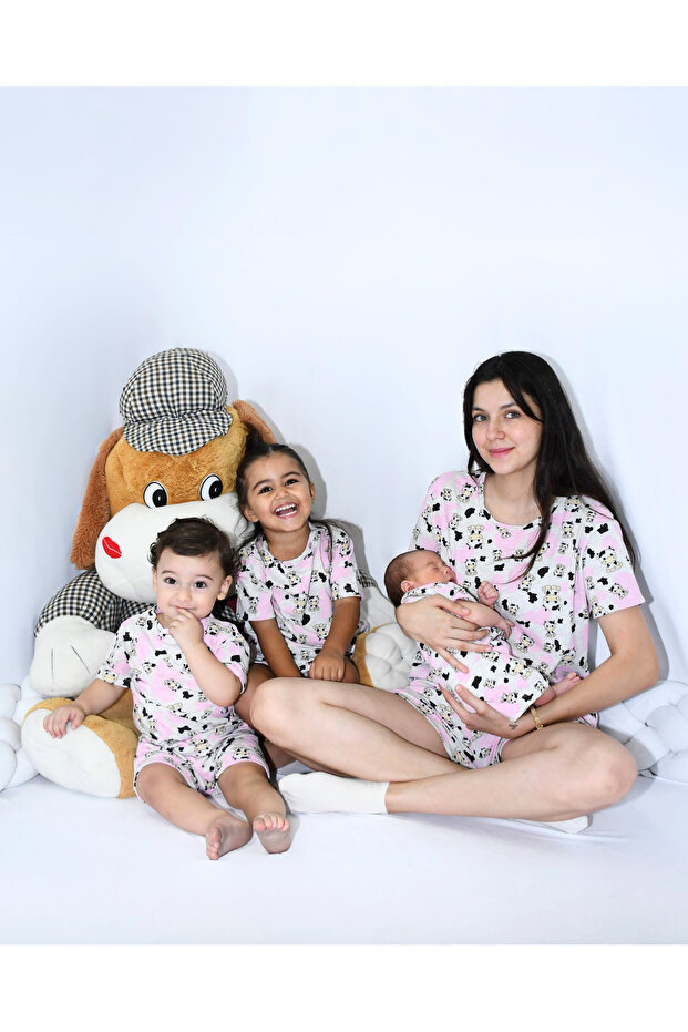 ANNE BEBEK PİJAMA TAKIMI KOMBİN İNEK DESEN KISAKOL ŞORT (TEK TEK SATILMAKTADIR) - 2