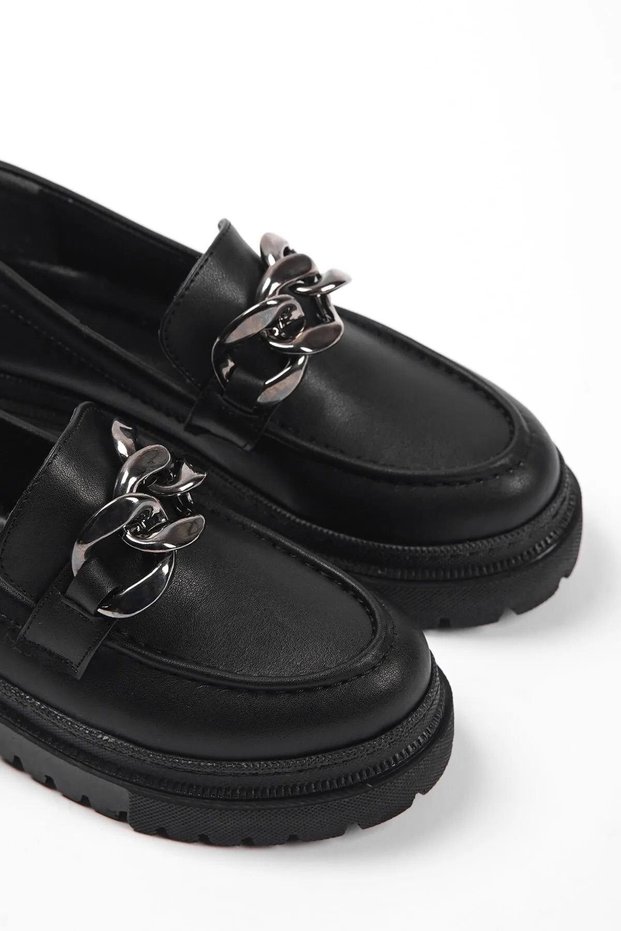 Women's Leo Black Chain Buckle Thick Sole Loafer Moccasin Shoes