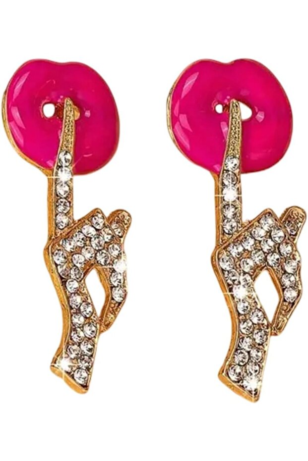 Crystal Lips Sush Design Drop Earrings, Pink Enamel with Rhinestone Design, Gold-Tone
