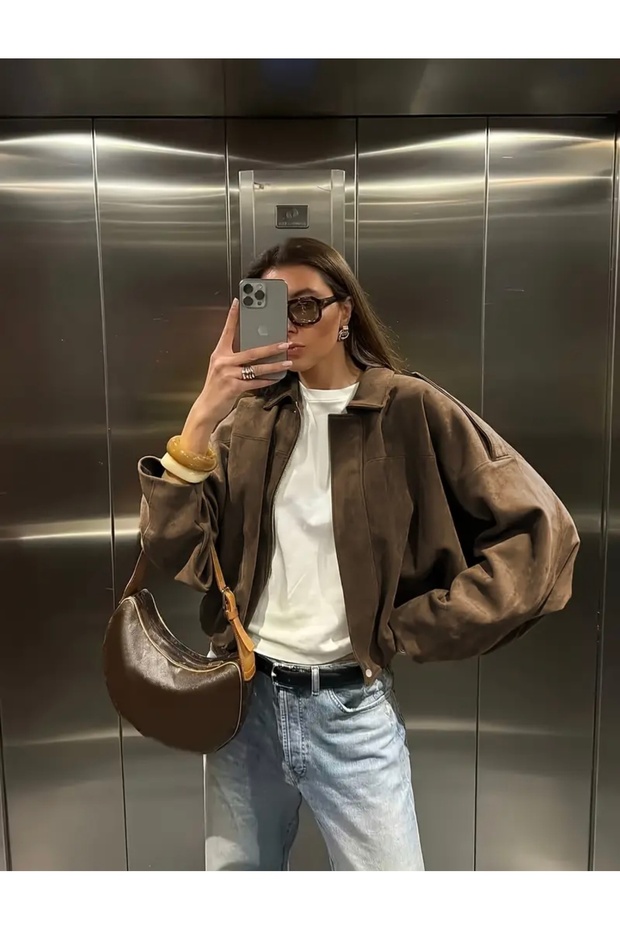 Oversize Bomber Süet Ceket - 1