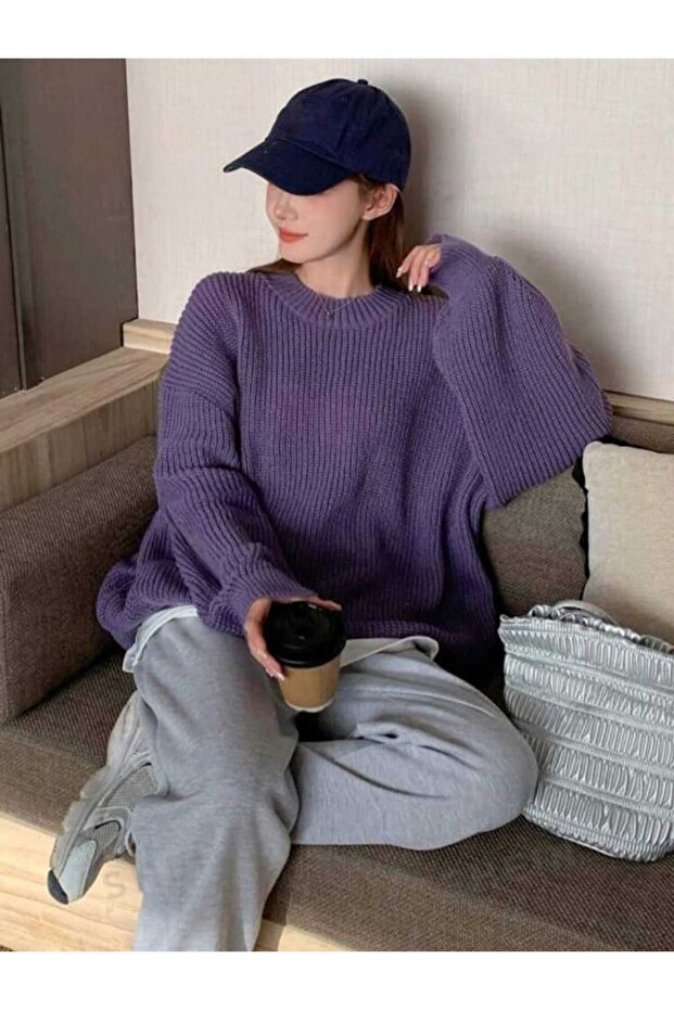 Mor Bisiklet Yaka Oversize Kadın Triko Kazak - 6