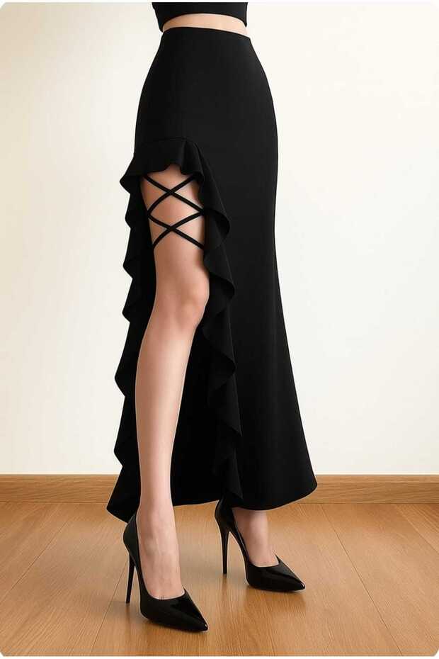 WOMEN'S ETHNIC RUFFLED ONE-LEG SLIT LONG MERMAID MODEL RUFFLED MAXI GOTHIC-STYLE SKIRT