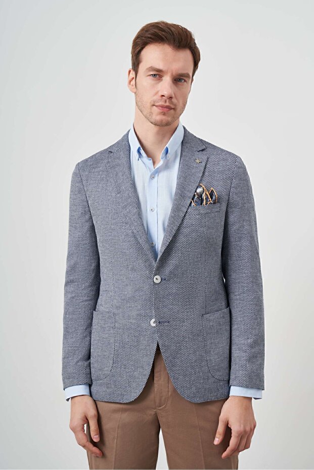 Men's Navy Blue Woven Slim Fit Bag Pocket Mono Collar Sports Jacket