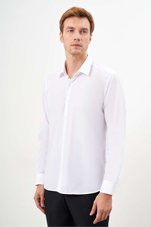 قميص رجالي أبيض أساسي ذو ياقة صلبة ذو قصة عادية - 2