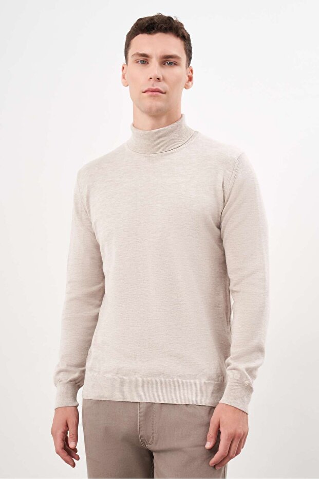 Erkek Bej Basic Balıkçı Yaka Dynamic Fit Rahat Kesim Triko - 2