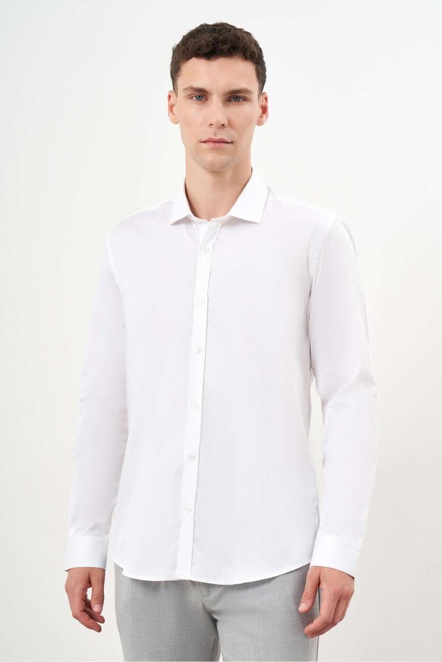 Men's White Cotton Printed Patterned Italian Lapel Slim Fit Shirt