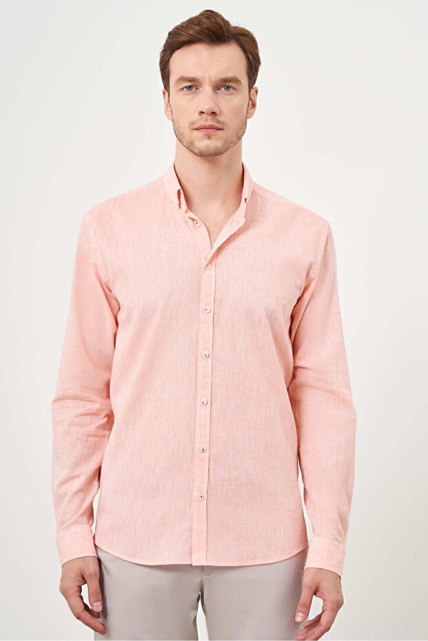 Men's Orange Linen Plain Pattern Button-down Collar Slim Fit Shirt