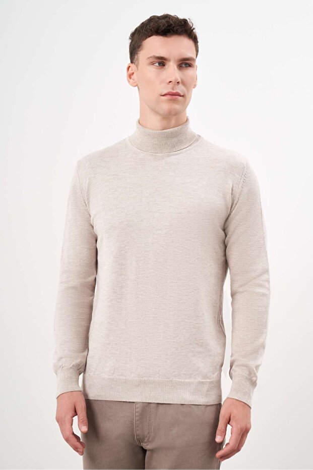 Erkek Bej Basic Balıkçı Yaka Dynamic Fit Rahat Kesim Triko - 3