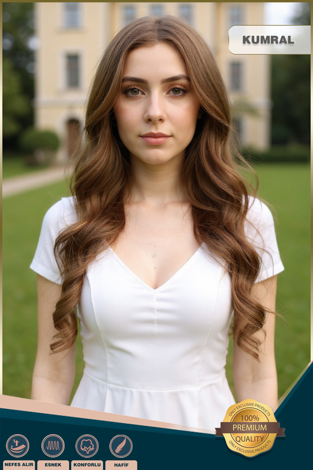 Yoğun Dalgalı Fiber Sentetik Uzun Perçemsiz Peruk - Kumral - 2