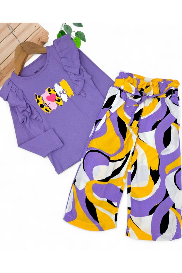 Girl's 2-3-4-5-6 Years Old Seasonal Ruffled Tiril Tiril Woven Pantalon Top and Bottom Set Purple
