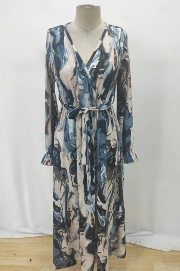 Double-Breasted Collar Belted Patterned Single Jersey Dress - Patterned - 4