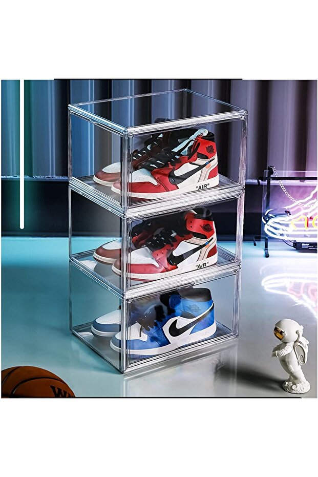 3 Pack Fully Acrylic Shoe Box Side Open with Magnetic Door Stackable Durable Clear Shoe Organizer