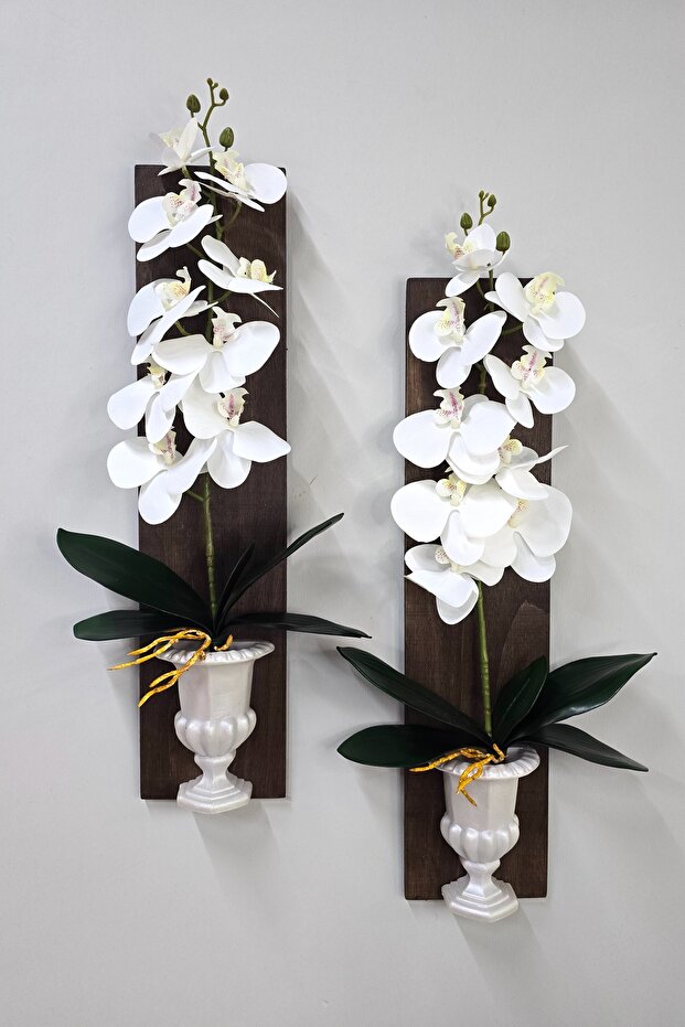 Beyaz Islak Orkide Çiçekli Boy Duvar Dekoru Ceviz İkili Set - 3