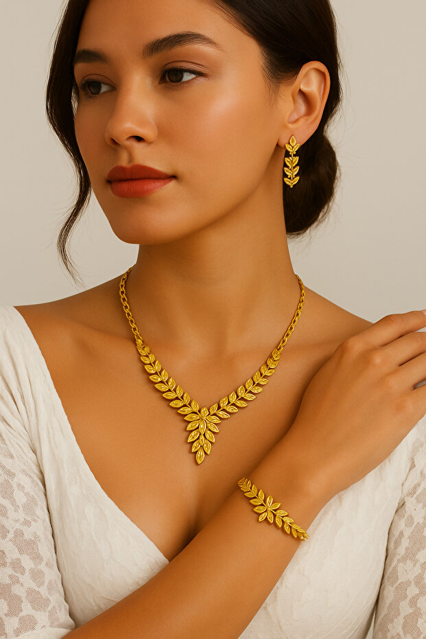 Yaprak model altın kaplama kolye bileklik küpe seti, Düğün seti, Kına seti - 1