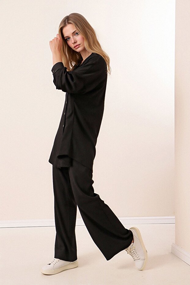 BDART Düğmeli Yaka ile Doku Detaylı Uzun Kollu Triko Takım - 4