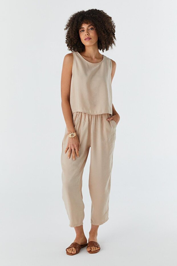 Suspender Blouse Trousers Suit Beige