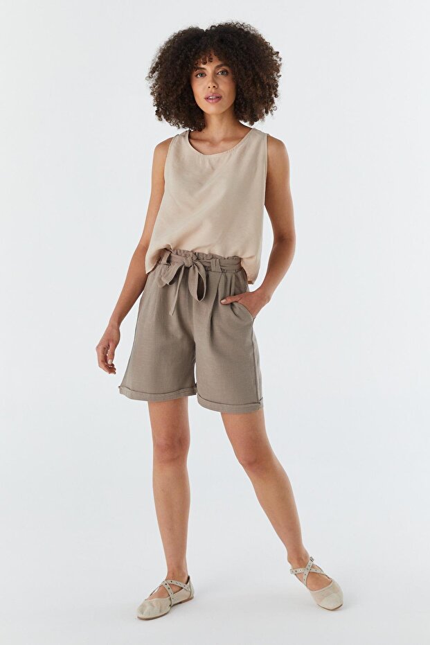 Elastic Waist Belted Linen Shorts Vizon
