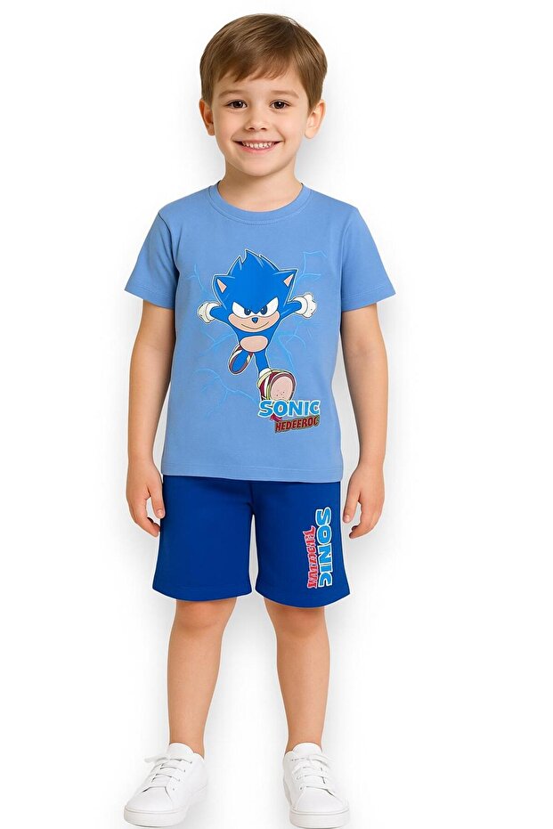 Boy's Colorful Sonic Printed Crew Neck Tracksuit Set (Bottom - Top Set)