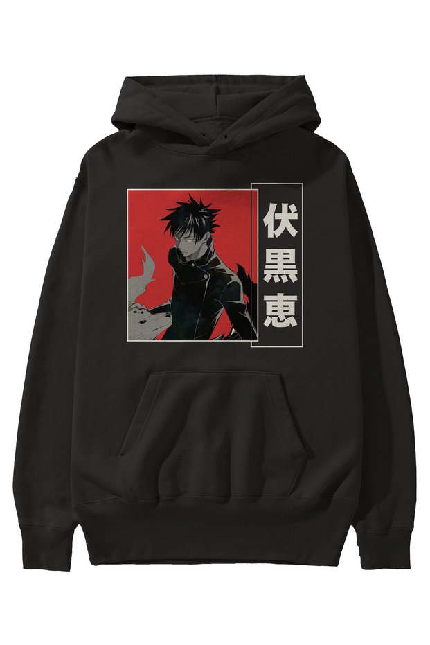 Megumi Fushiguro Anime Front Printed Black Hoodie Oversize Hooded Sweatshirt Men Women