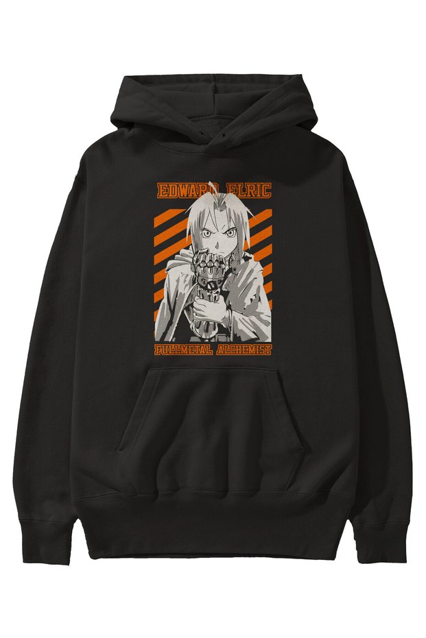 EDWARD ELRIC Anime Front Printed Black Hoodie Oversize Hooded Sweatshirt Men Women