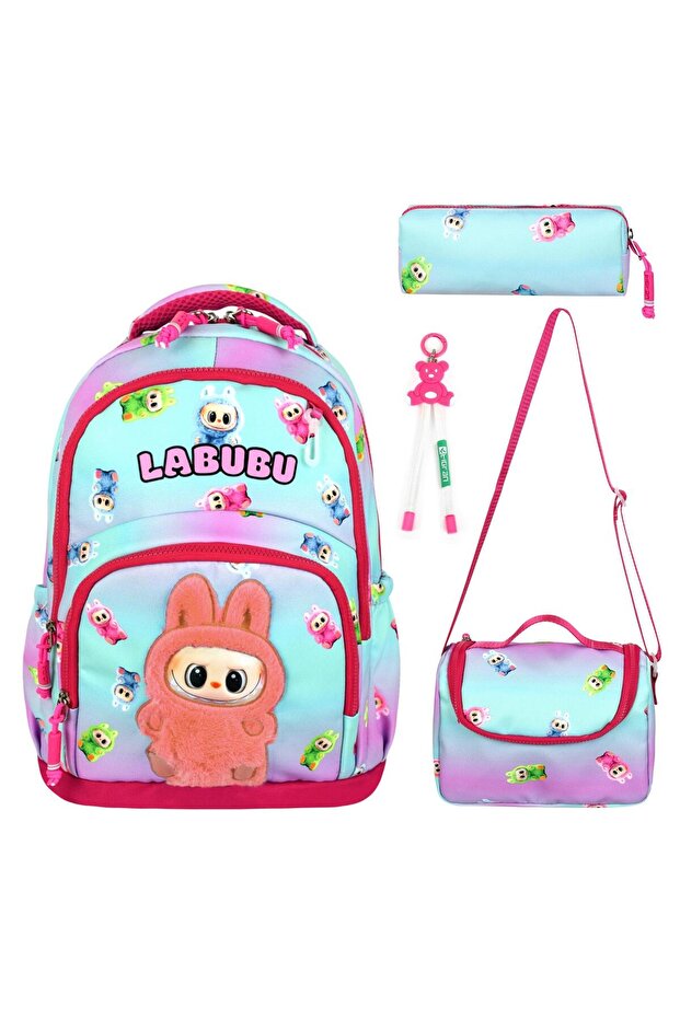 Labubu 5 Patterned Triple Girl's Elementary School School Bag Set (Bag, Thermal Lunch Bag, Pen Case)
