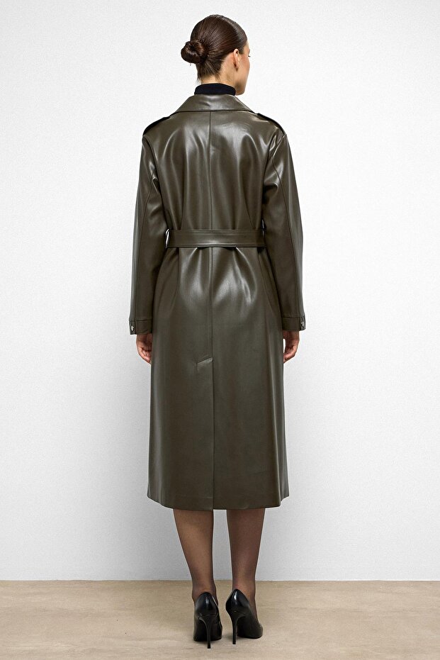 Übergroßer Leder-Trenchcoat mit niedrigem Ärmel und Reißverschluss KHAKI 6759 - 7