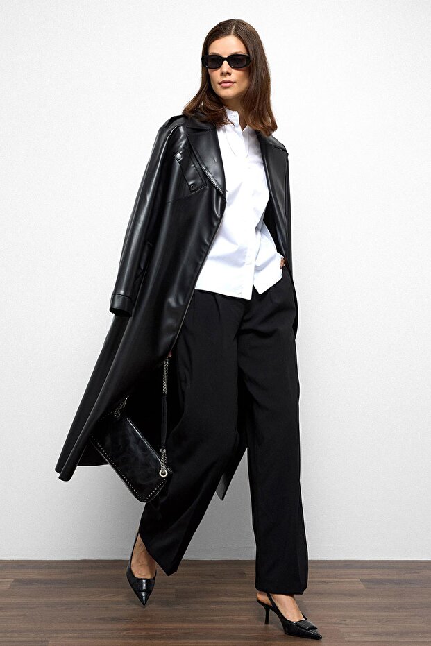 Low Sleeve Zipper Closure Oversize Leather Trench Coat Black 6759