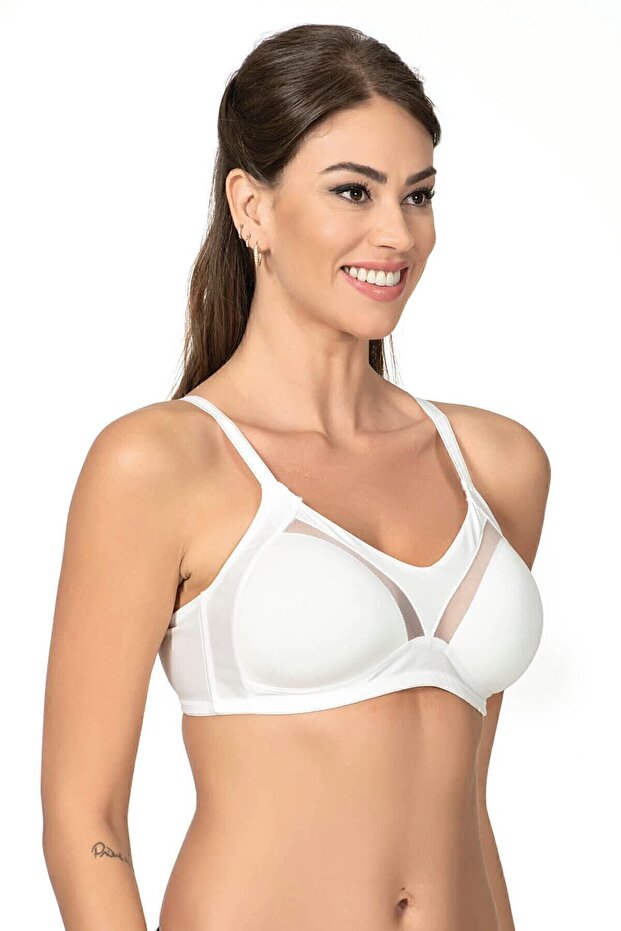 Wireless Unpadded Tulle Detailed Thick Strap Gathering Bra Ecru |   706 - 4