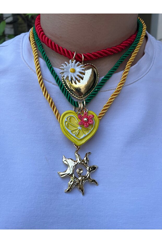 Summer Rope Necklace Set with Colorful Hearts and Sun Figures – 3-Piece Charm Detailed Design