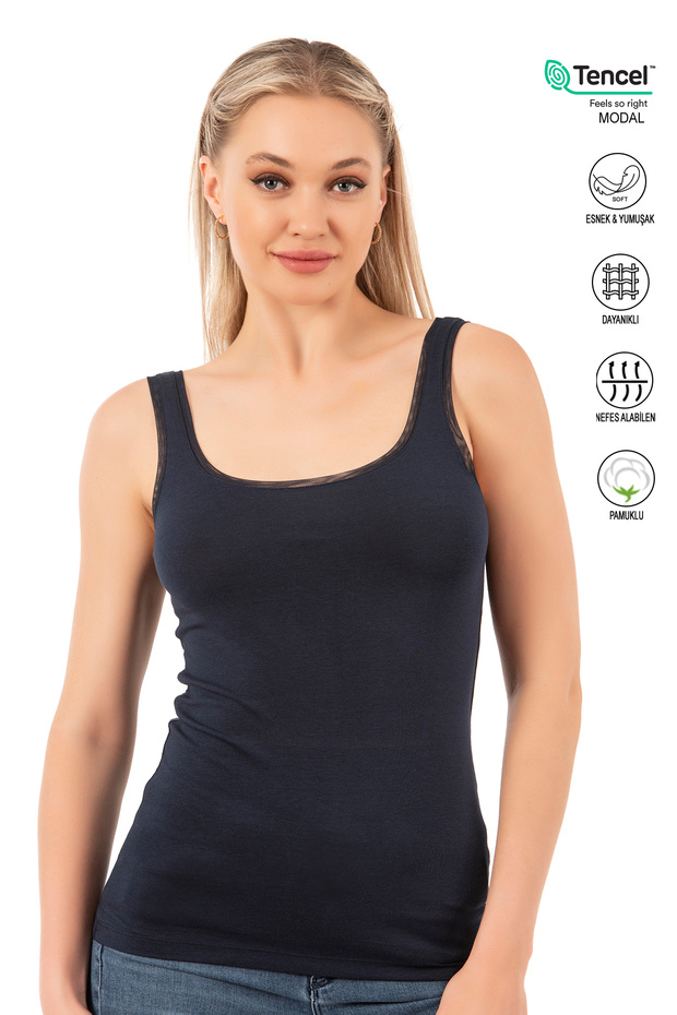 Özkan 25493 Women's Premium Fabric Modal Cotton Lycra Tulle Ribbed Thick Straps Undershirt