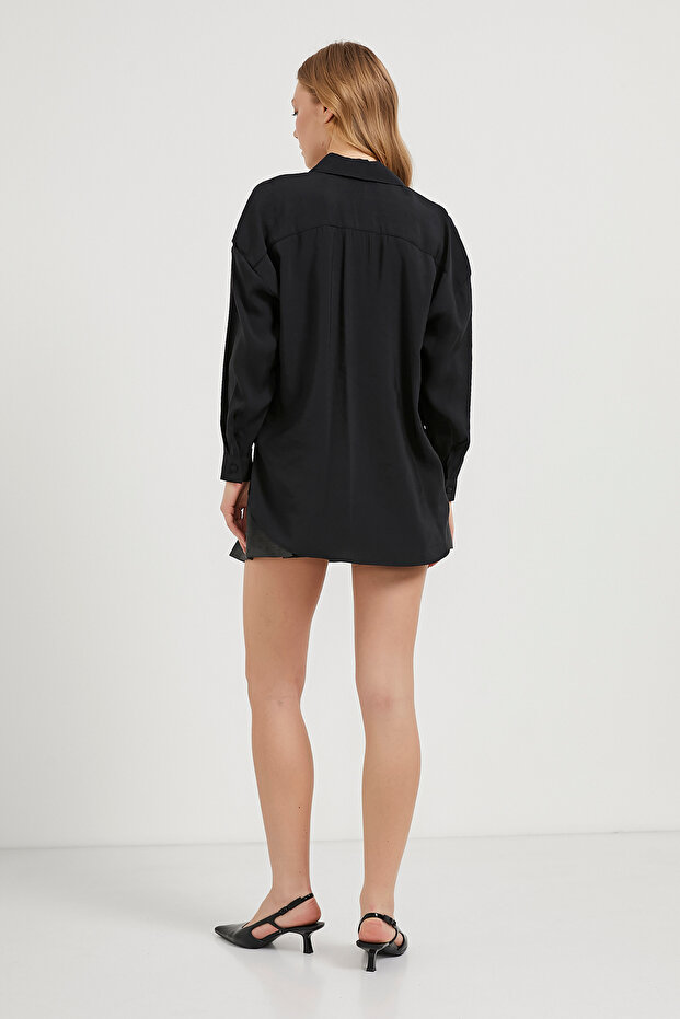 Kadın Çift Cep Premium Oversize Basic Siyah Gömlek - 5