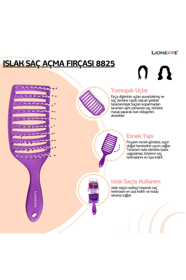 Wet Detangler Islak Saç Açma Fırçası 8825 – Mor ve Esnek Yapı - 7
