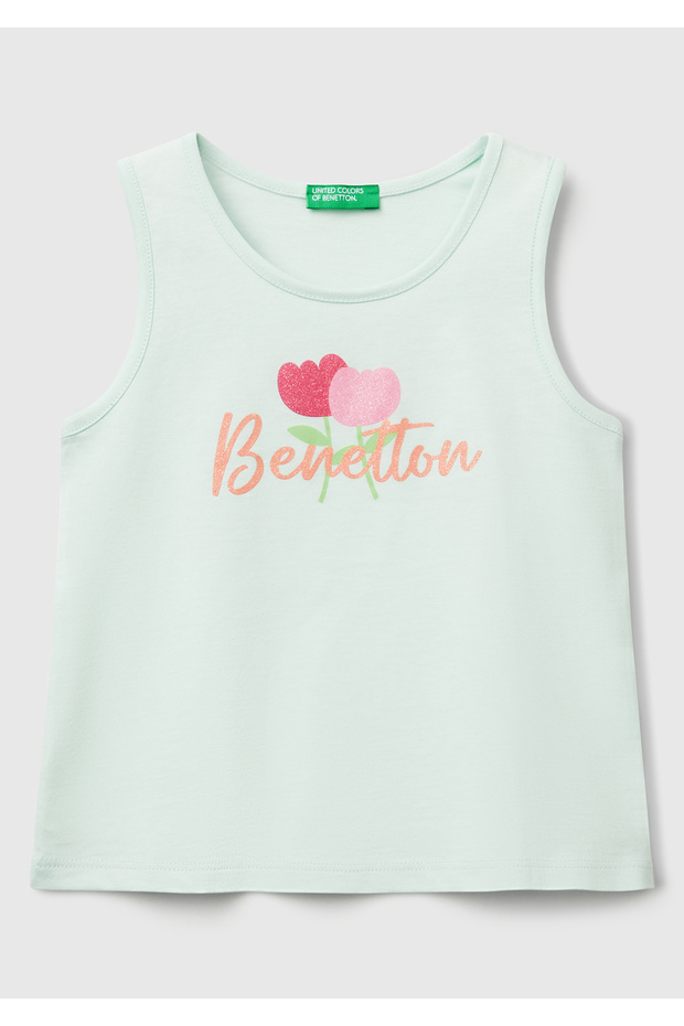 Girl's Aqua Green Glittered Benetton Logo Printed Tank Top