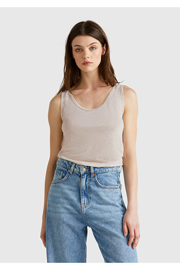 Women's Stone Color 100% Linen Regular Fit Round Neck Undershirt with Side Slits