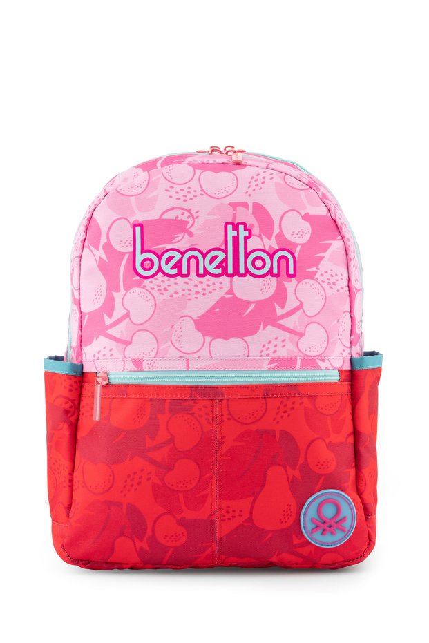 Pink Cherry Patterned Benetton Girl's Backpack - Written