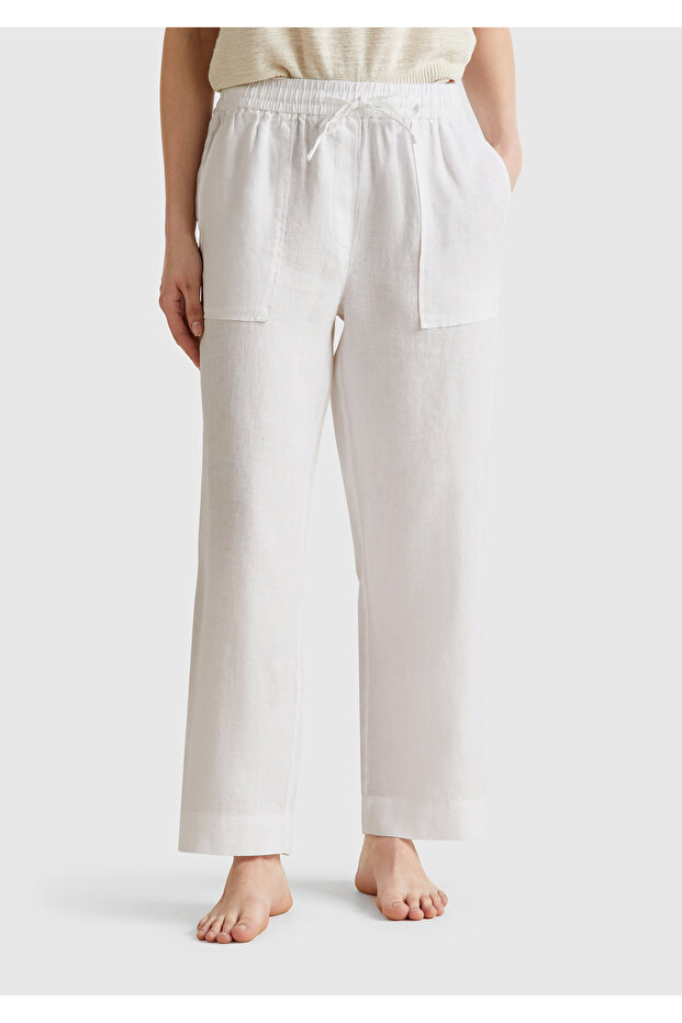 Women's White 100% Linen Drawstring Pocket Cigarette Pants