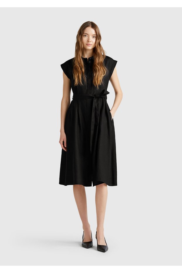 Women's Black 100% Linen Pleated Detachable Belted Shirt Dress