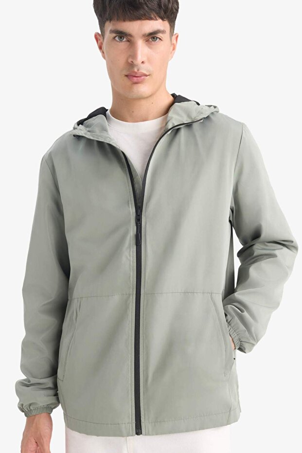 Men's Khaki Water-Repellent Slim Fit Hooded Zippered Pocketed Raincoat Jacket