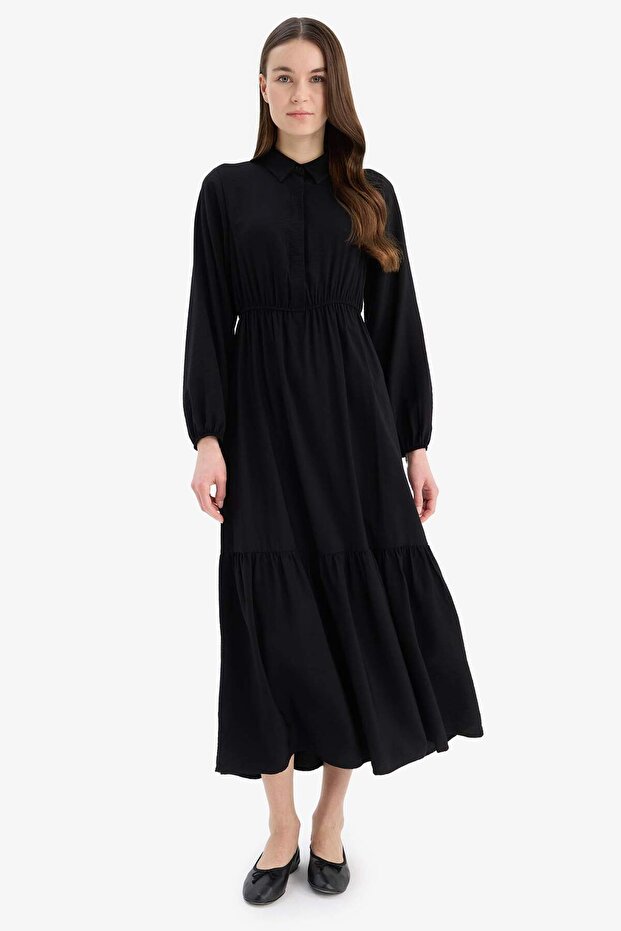 Shirt Collar Waist Gathered Long Sleeve Maxi Dress D5851Ax25Sp