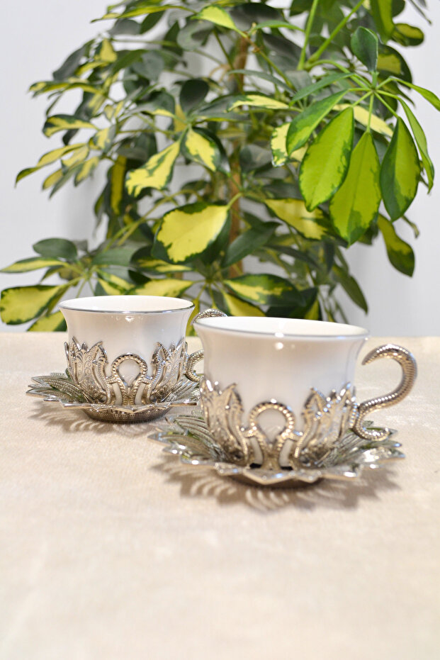 Set of 2 Silver Patterned Zamzam Set and Coffee Cup Set |   Stylish Presentation with Metal Plate and Cup Coaster