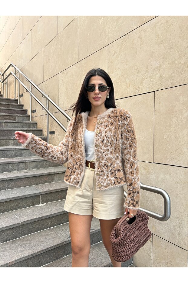 Hrk0005 Women's Faux Fur Threaded Leopard Pattern Buttoned Knitwear Cardigan
