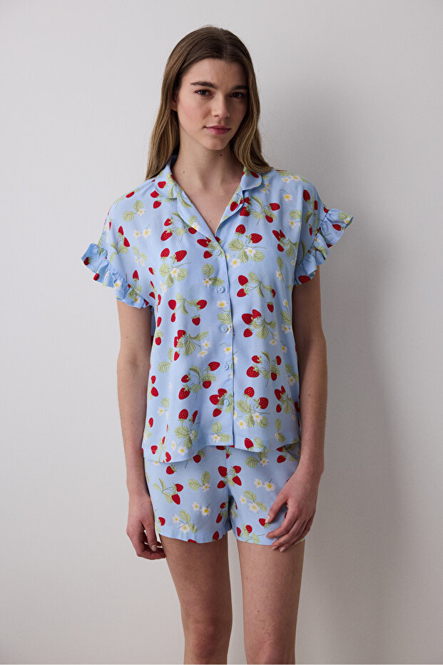 Strawberries Gömlek Şort Açık Mavi Pijama Takımı - 1
