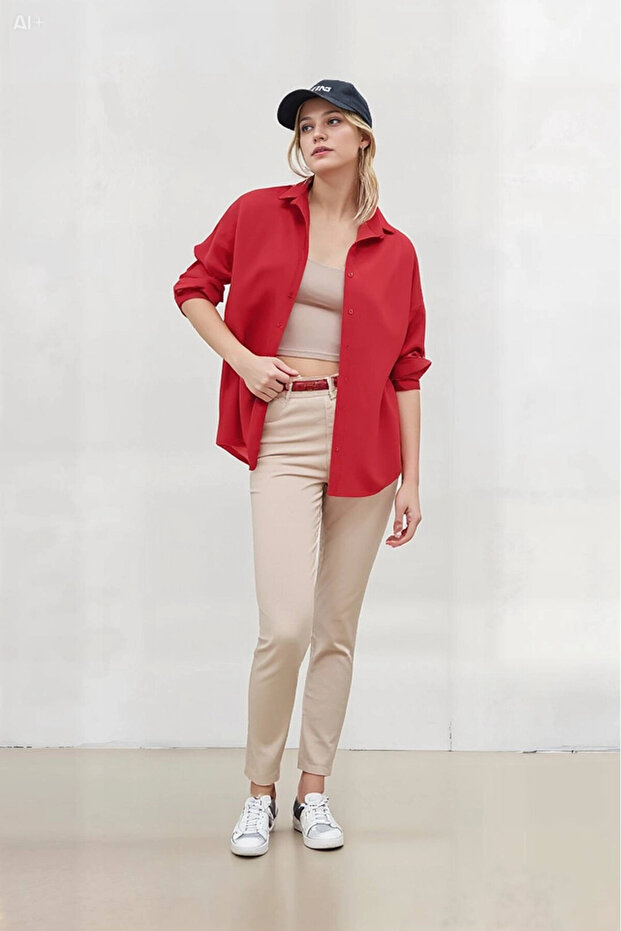 Kadın NAR Çiçeği Oversize Uzun Basic Gömlek HZL22W-BD139001 - 3