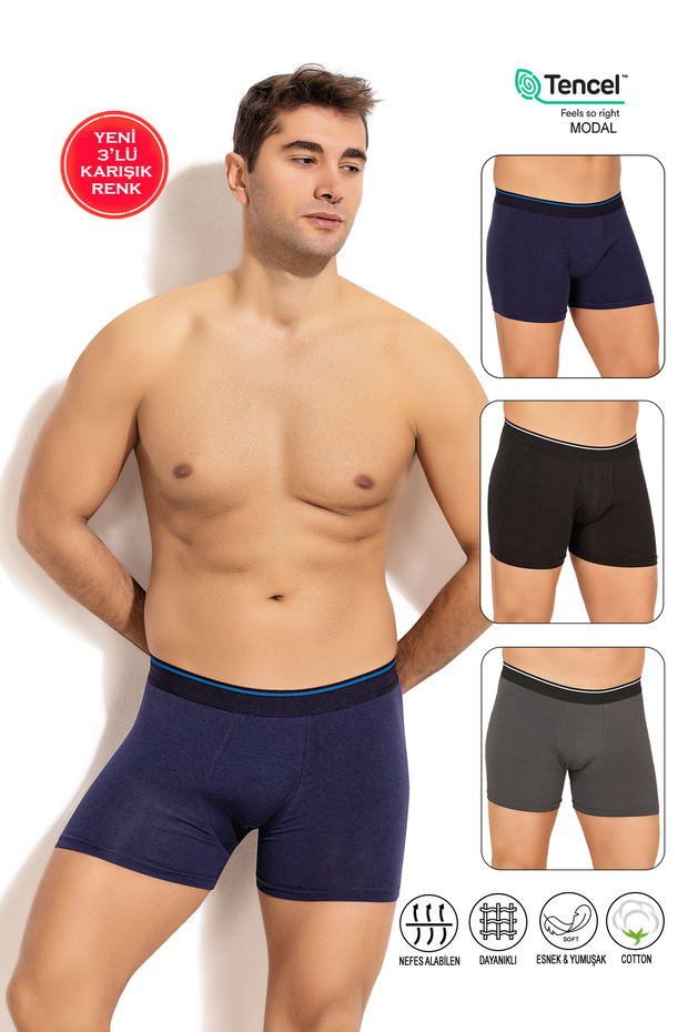 Özkan 11256 3-Pack Men's Mixed Color Premium Fabric Modal Cotton Flexible Soft Boxer Shorts