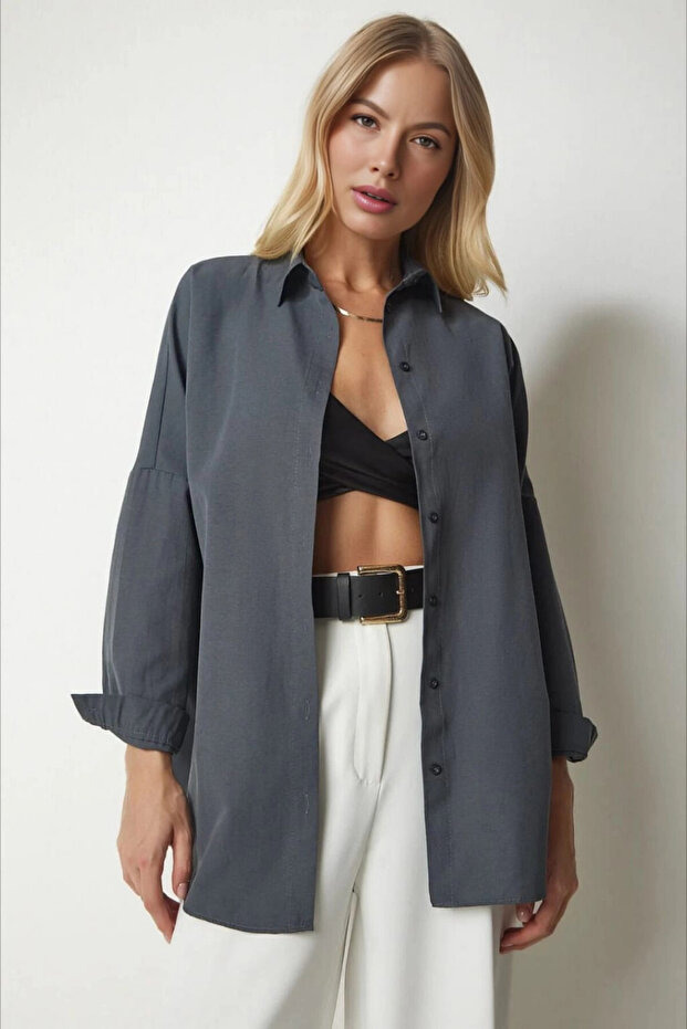 Women's Anthracite Wide Fit Long Basic Shirt Hzl24W-Bd139001