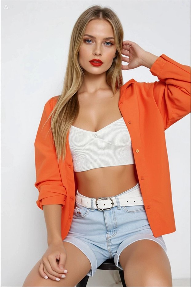 Women's Orange Oversize Long Basic Shirt Hzl22W-Bd139001